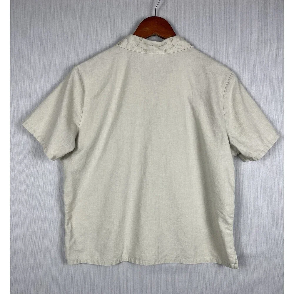 Linen Cotton Short Sleeve Button Down Embroidered Collar Cherokee XL - Picture 3 of 7